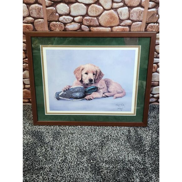 Vintage Linda Picken Signed/Numbered Golden Retriever Puppy with Duck - Picture 2 of 7